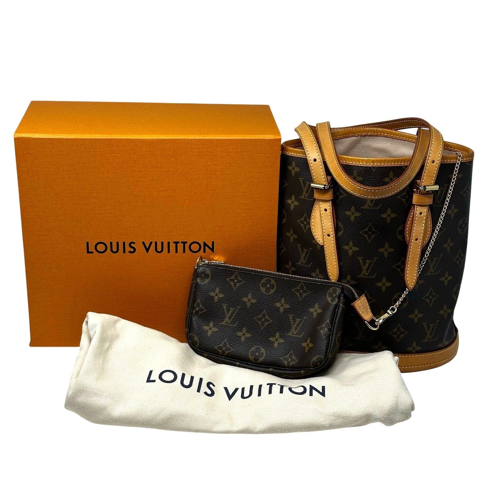 Louis Vuitton LV Monogram Bucket PM Bag With Pochette and Box and Dust Bag