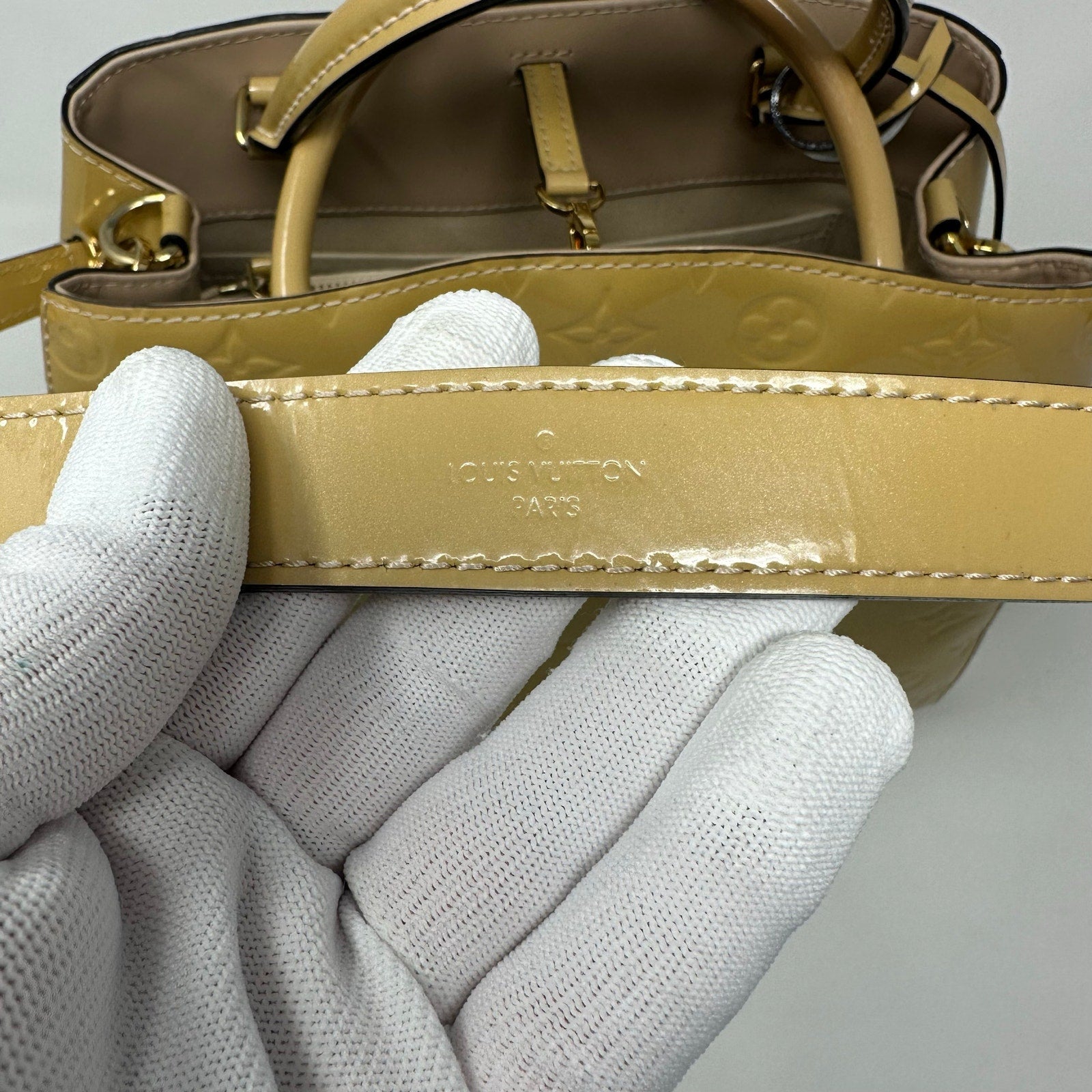 Louis Vuitton LV Vernis Monogram Montaigne Bag Cream Yellow