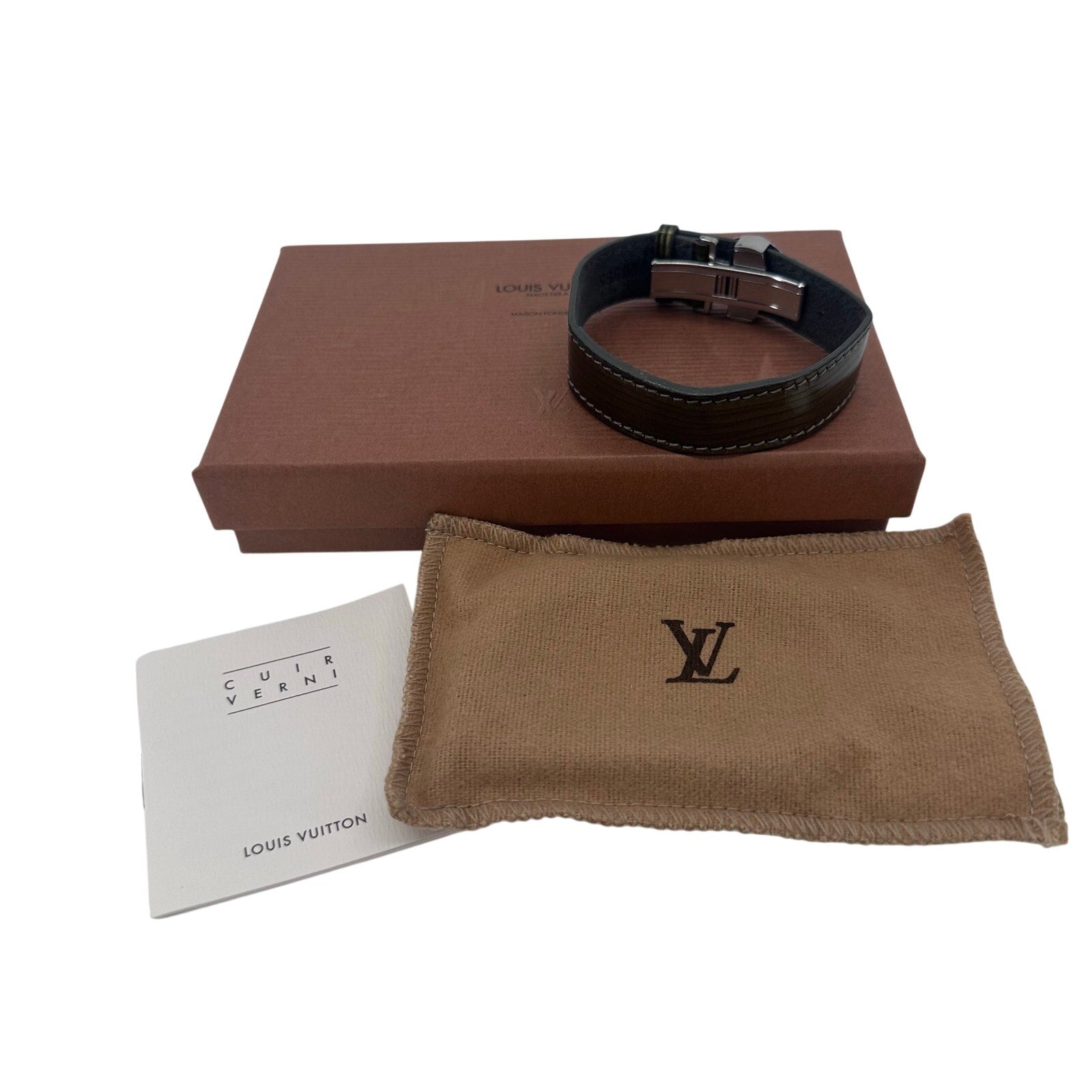 Louis Vuitton LV Cyber Epi Patent Leather Good Luck Bracelet Green Khaki Silver Tone