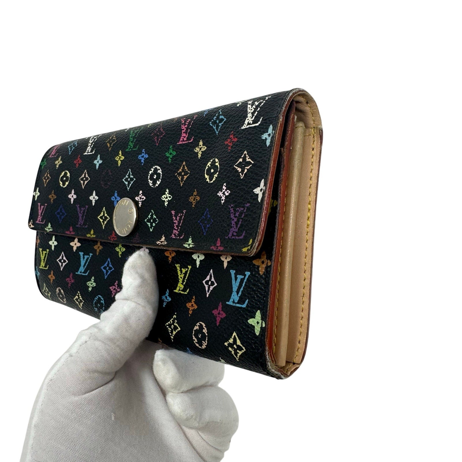 Louis Vuitton LV Black Murakami Multicolor Monogram Long Sarah Wallet Beige Interior
