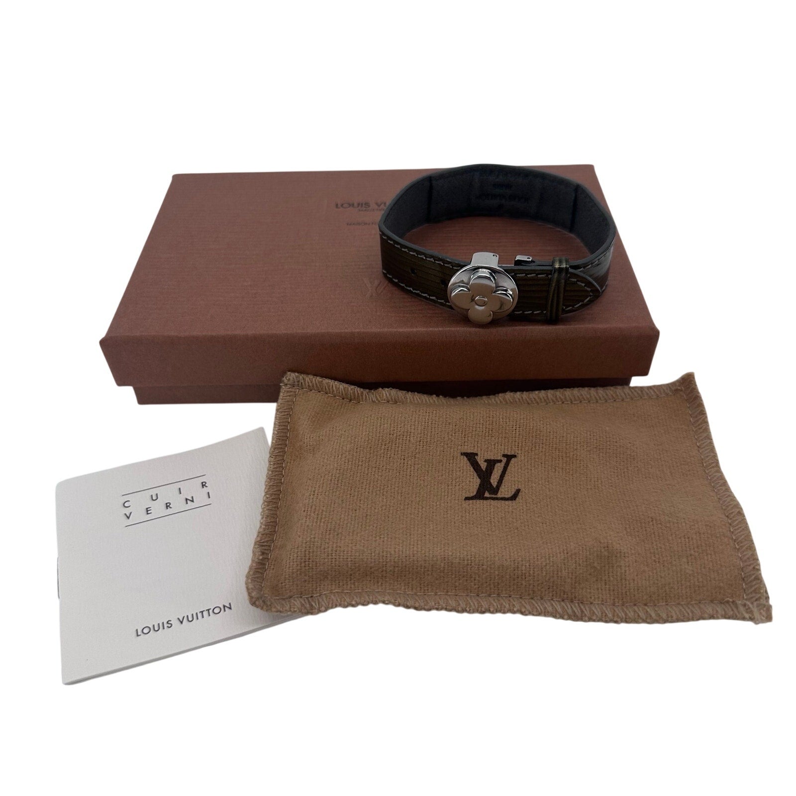 Louis Vuitton LV Cyber Epi Patent Leather Good Luck Bracelet Green Khaki Silver Tone