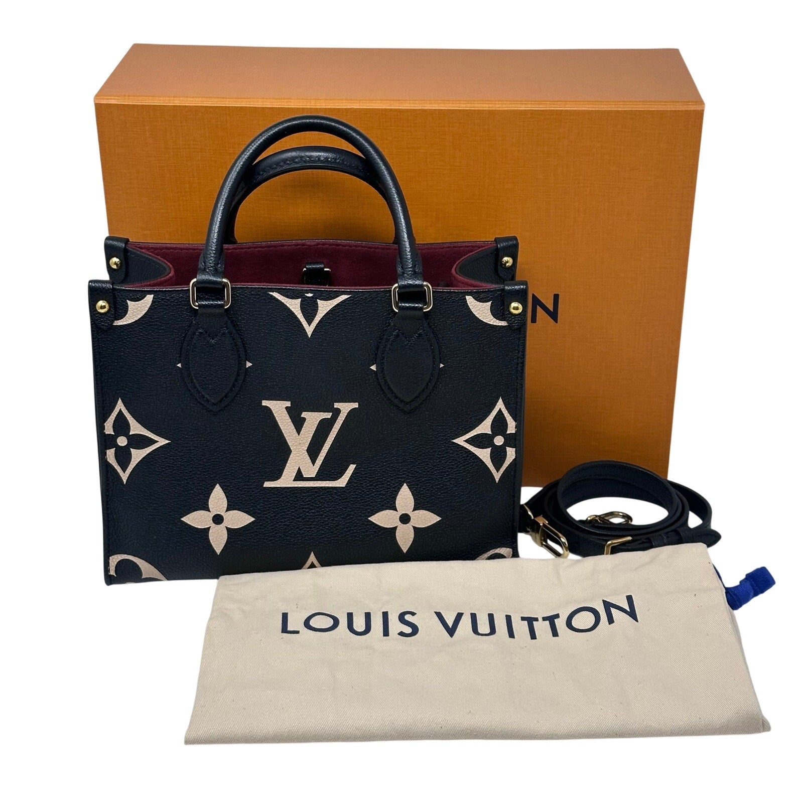 Louis Vuitton LV Empreinte Leather Bicolor Giant Monogram On The Go PM Tote Crossbody Bag Black Cream