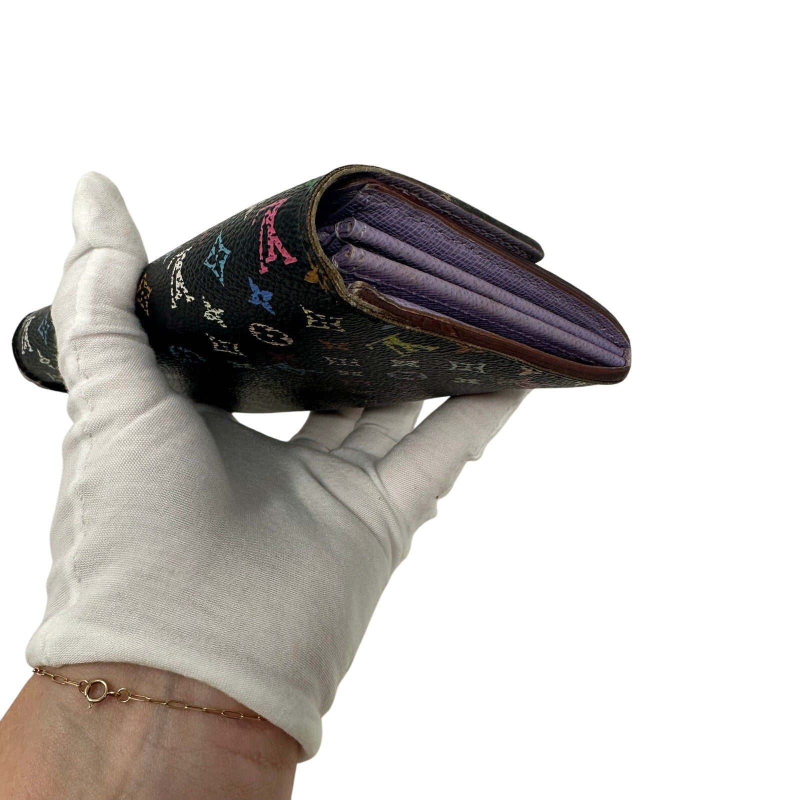 Louis Vuitton LV Black Murakami Multicolor Monogram Long Sarah Wallet Purple Interior