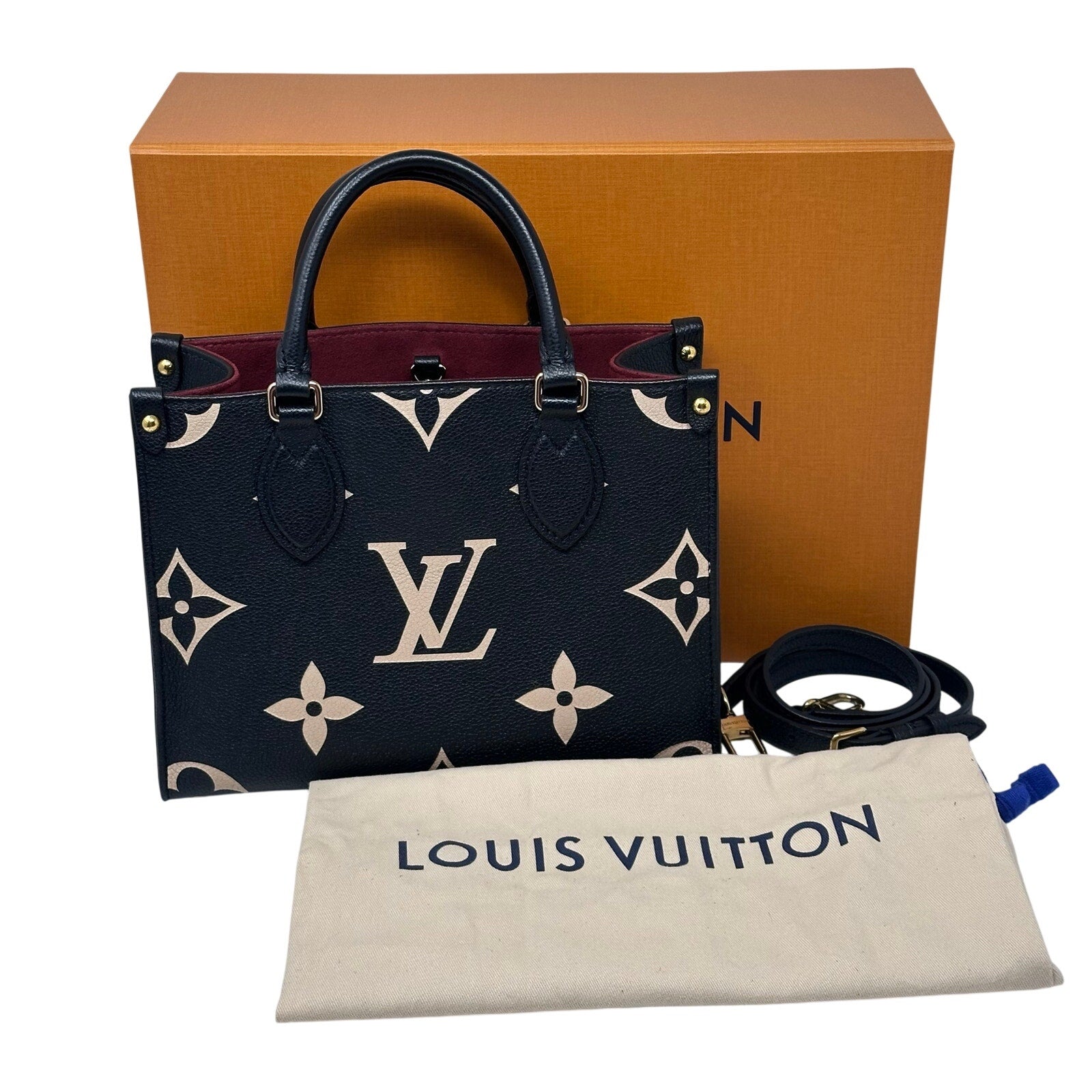 Louis Vuitton LV Empreinte Leather Bicolor Giant Monogram On The Go PM Tote Crossbody Bag Black Cream