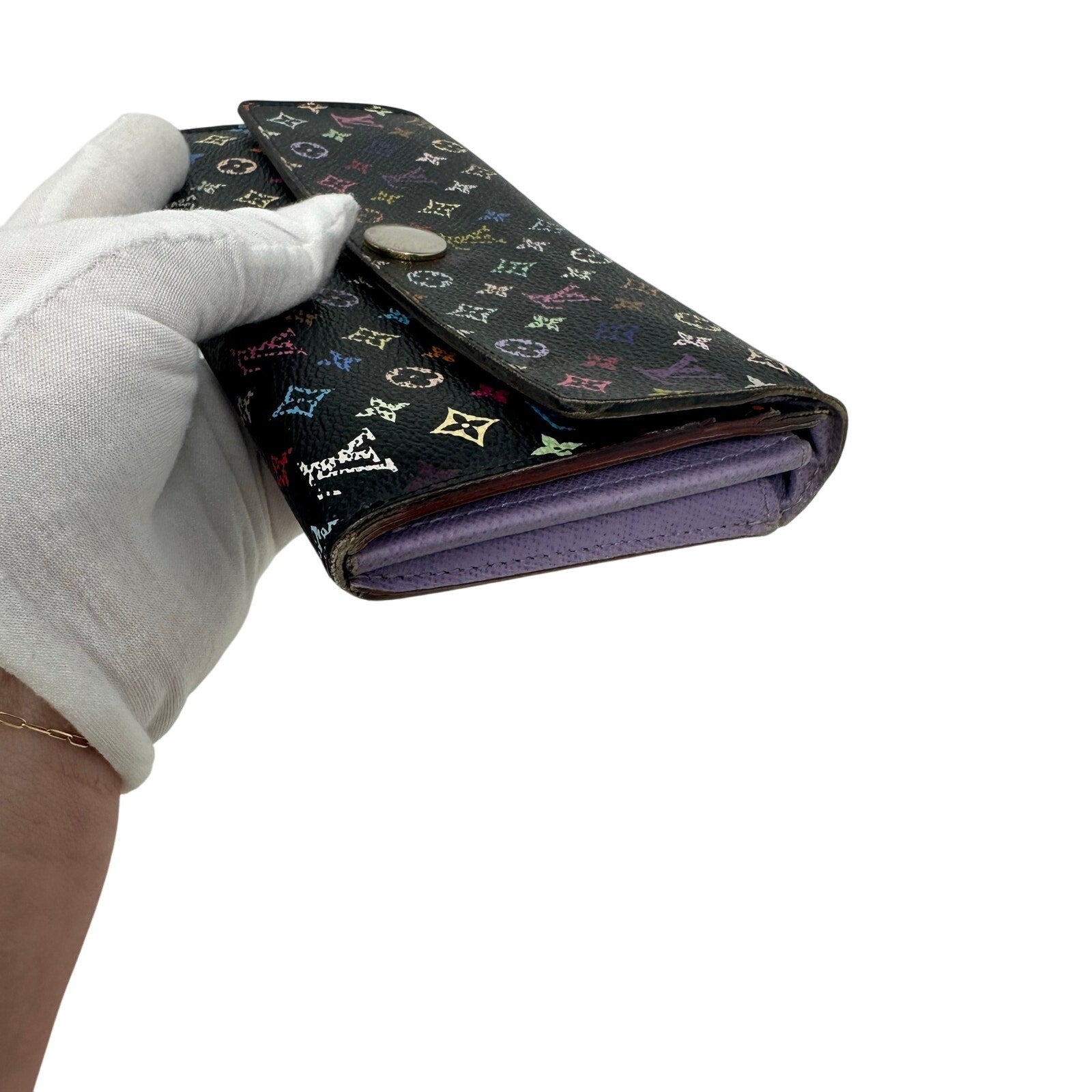 Louis Vuitton LV Black Murakami Multicolor Monogram Long Sarah Wallet Purple Interior