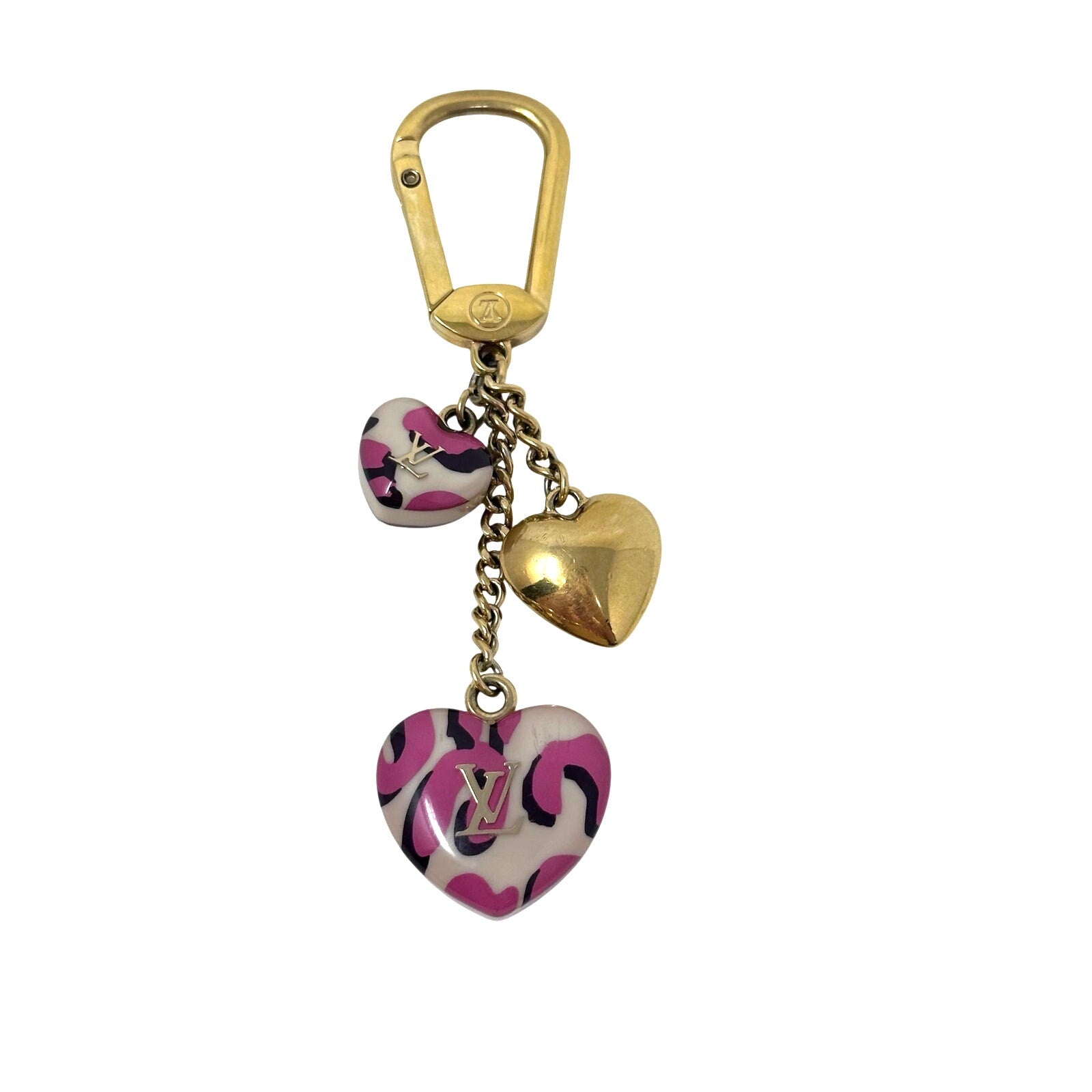 Louis Vuitton LV Porte Cles Bag Charm Key Chain Leopard Resin Hearts Pink & White