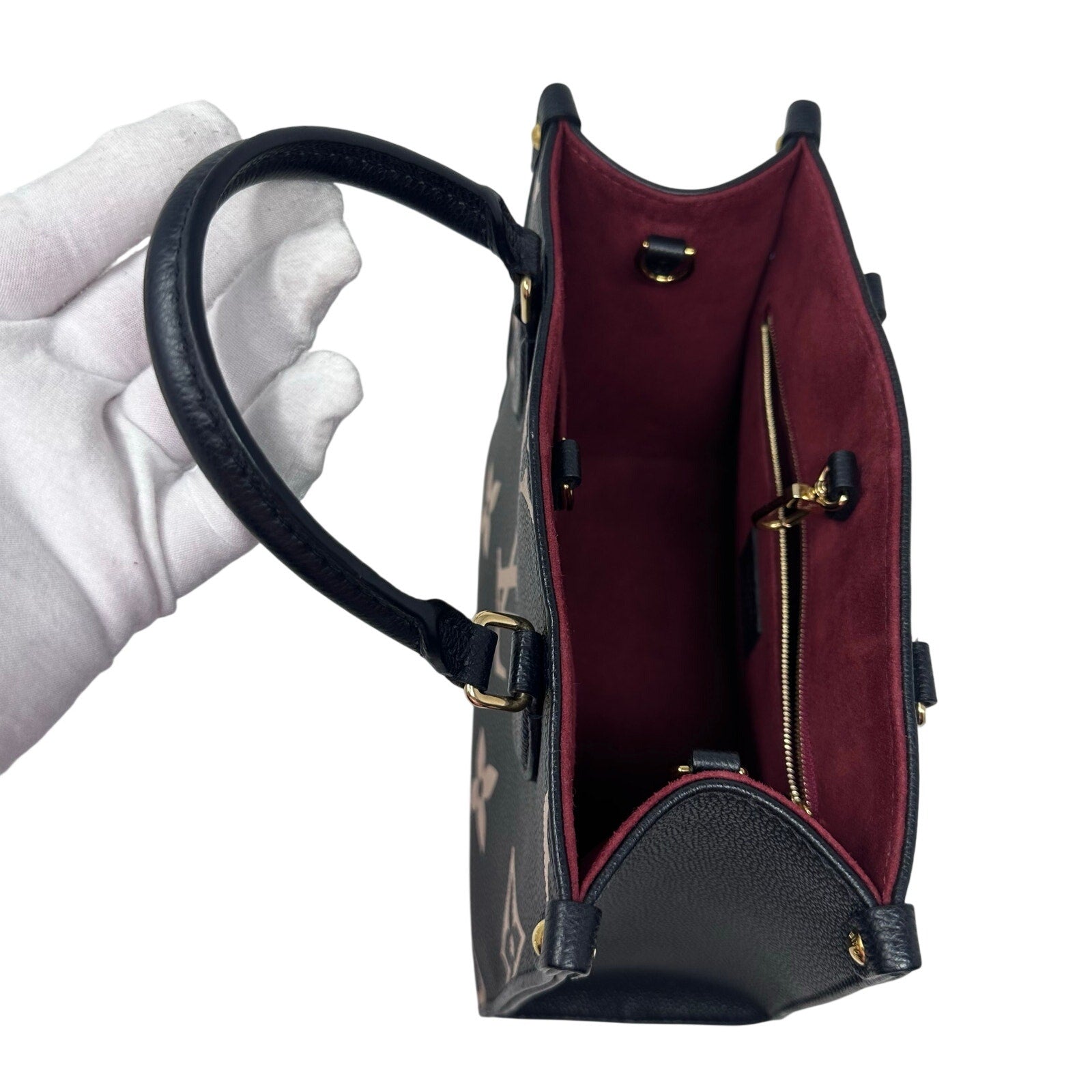 Louis Vuitton LV Empreinte Leather Bicolor Giant Monogram On The Go PM Tote Crossbody Bag Black Cream