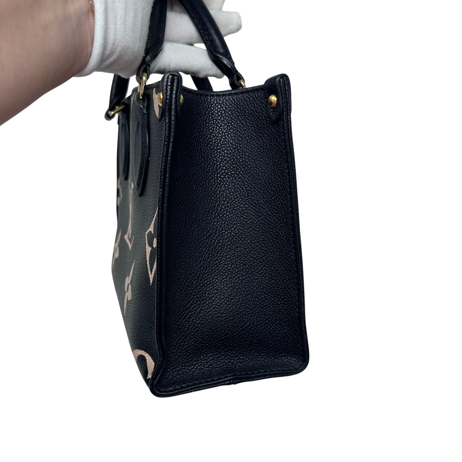 Louis Vuitton LV Empreinte Leather Bicolor Giant Monogram On The Go PM Tote Crossbody Bag Black Cream