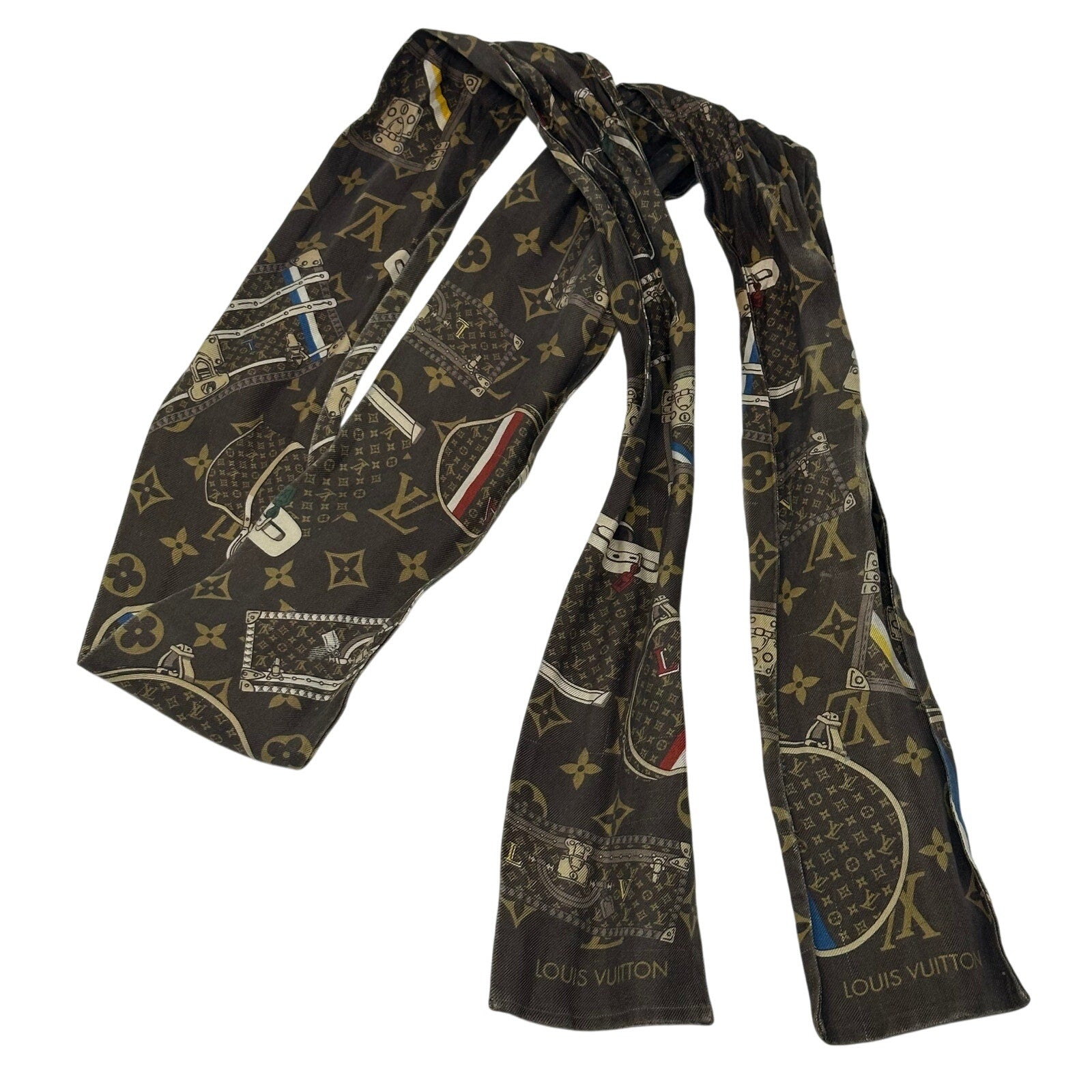 Louis Vuitton LV Silk Scarf Monogram Brown Trunk Twilly