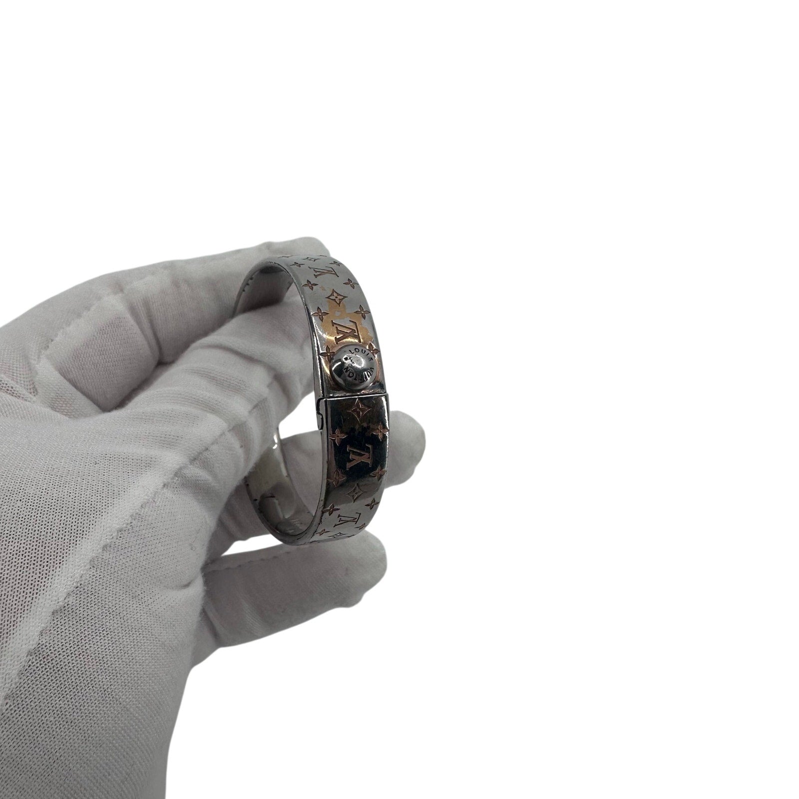 Louis Vuitton LV Nanogram Cuff Bangle Bracelet Silver Monogram Small