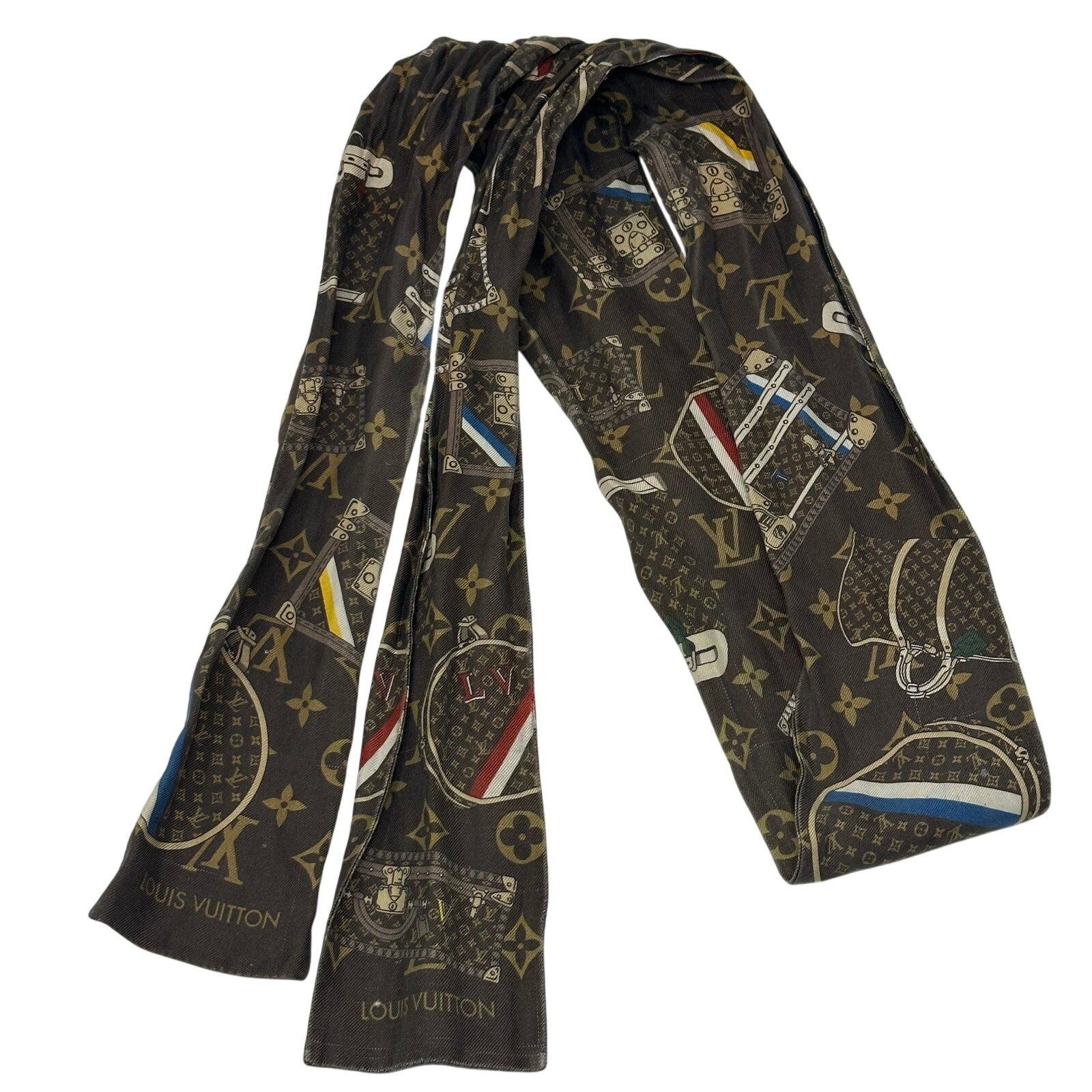 Louis Vuitton LV Silk Scarf Monogram Brown Trunk Twilly
