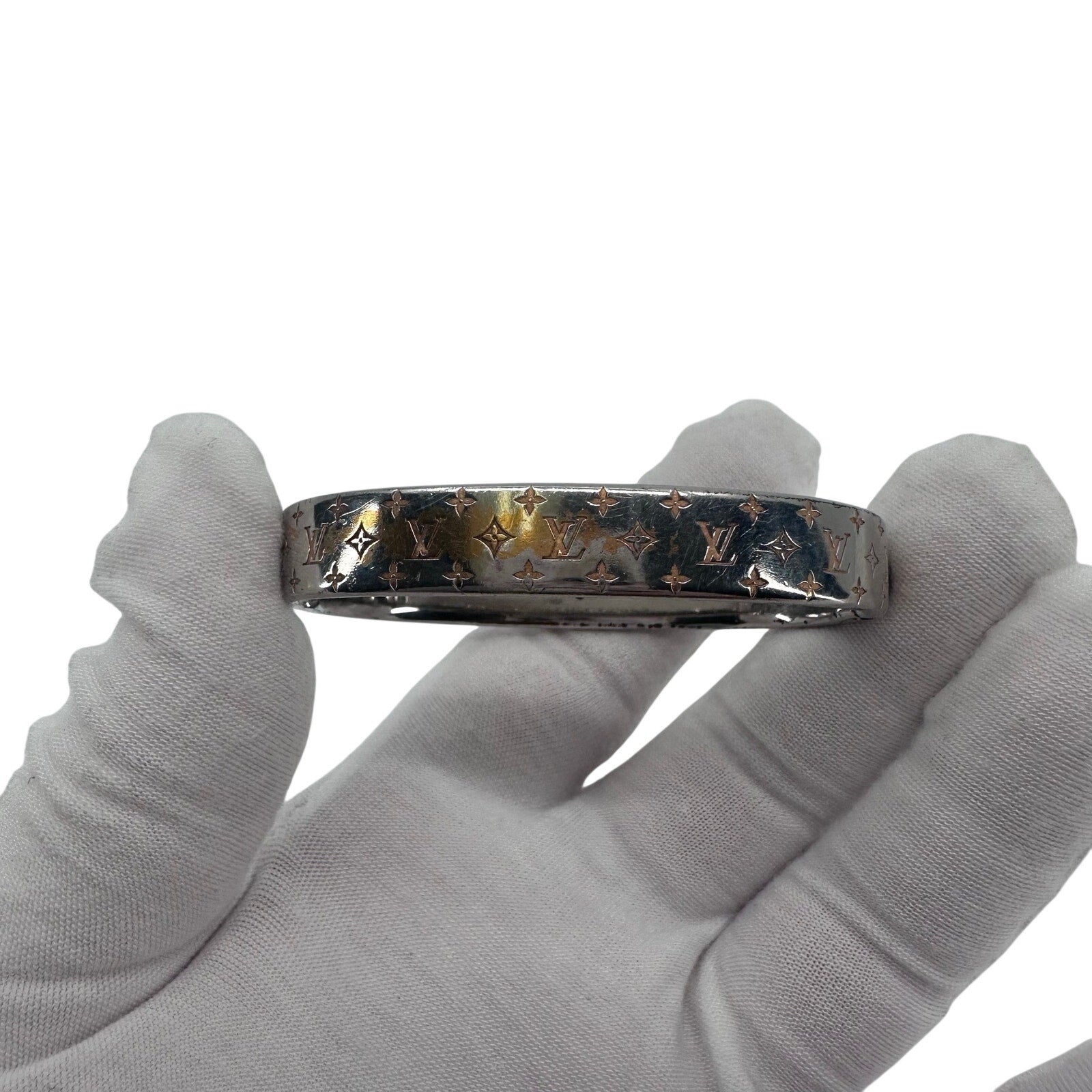 Louis Vuitton LV Nanogram Cuff Bangle Bracelet Silver Monogram Small