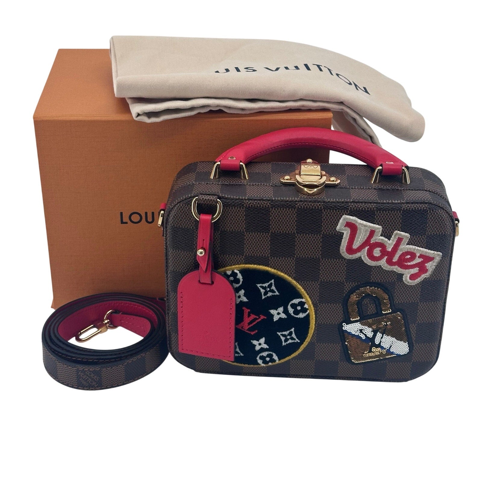 Louis Vuitton LV Damier Ebene Stories Box Trunk Crossbody Bag With Patches Full Set