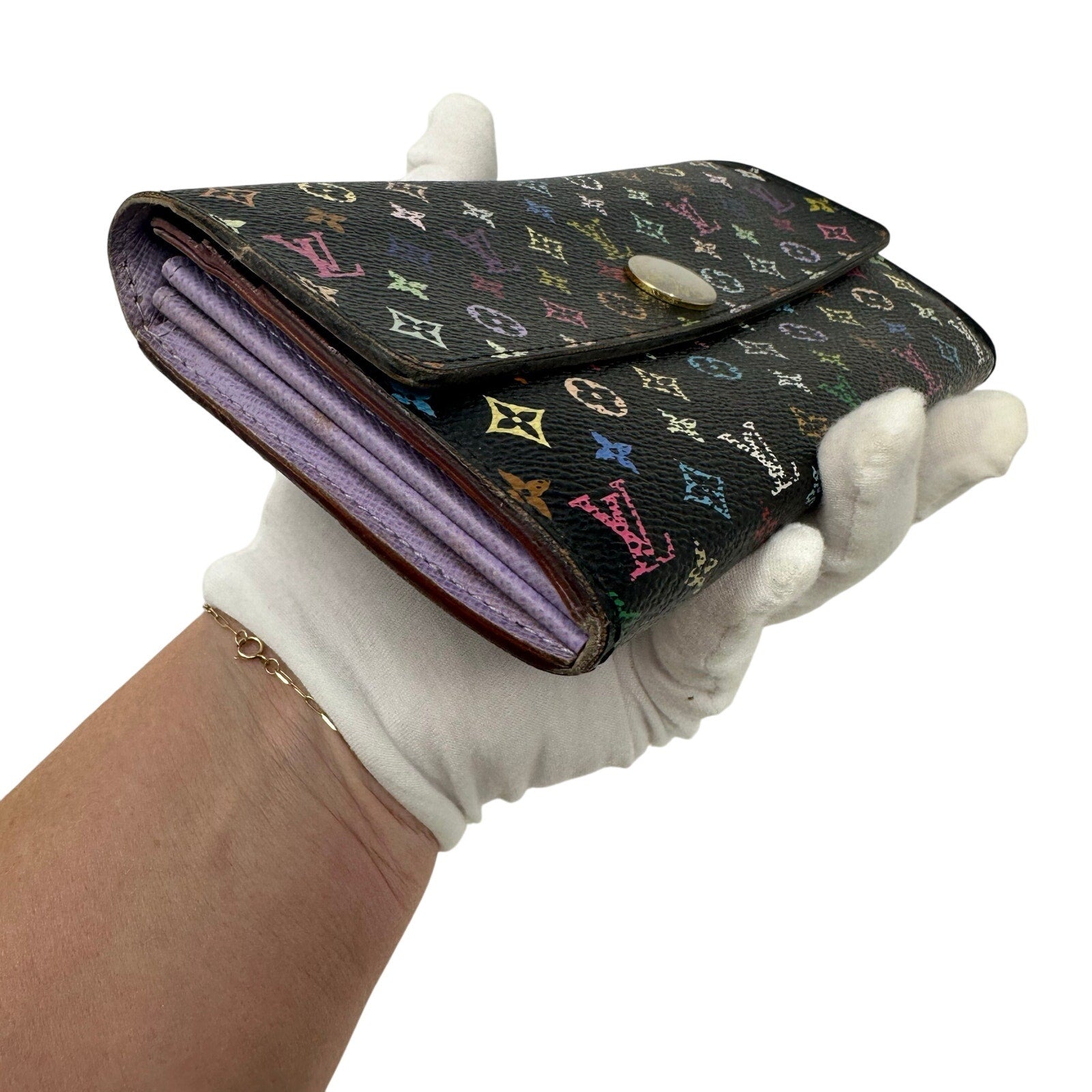 Louis Vuitton LV Black Murakami Multicolor Monogram Long Sarah Wallet Purple Interior