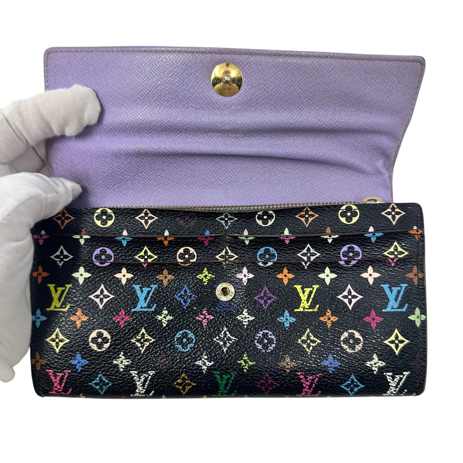 Louis Vuitton LV Black Murakami Multicolor Monogram Long Sarah Wallet Purple Interior