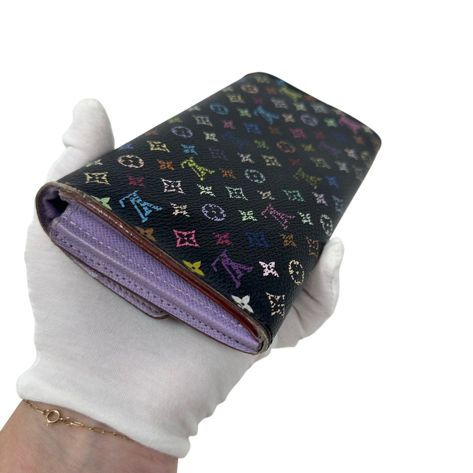 Louis Vuitton LV Black Murakami Multicolor Monogram Long Sarah Wallet Purple Interior