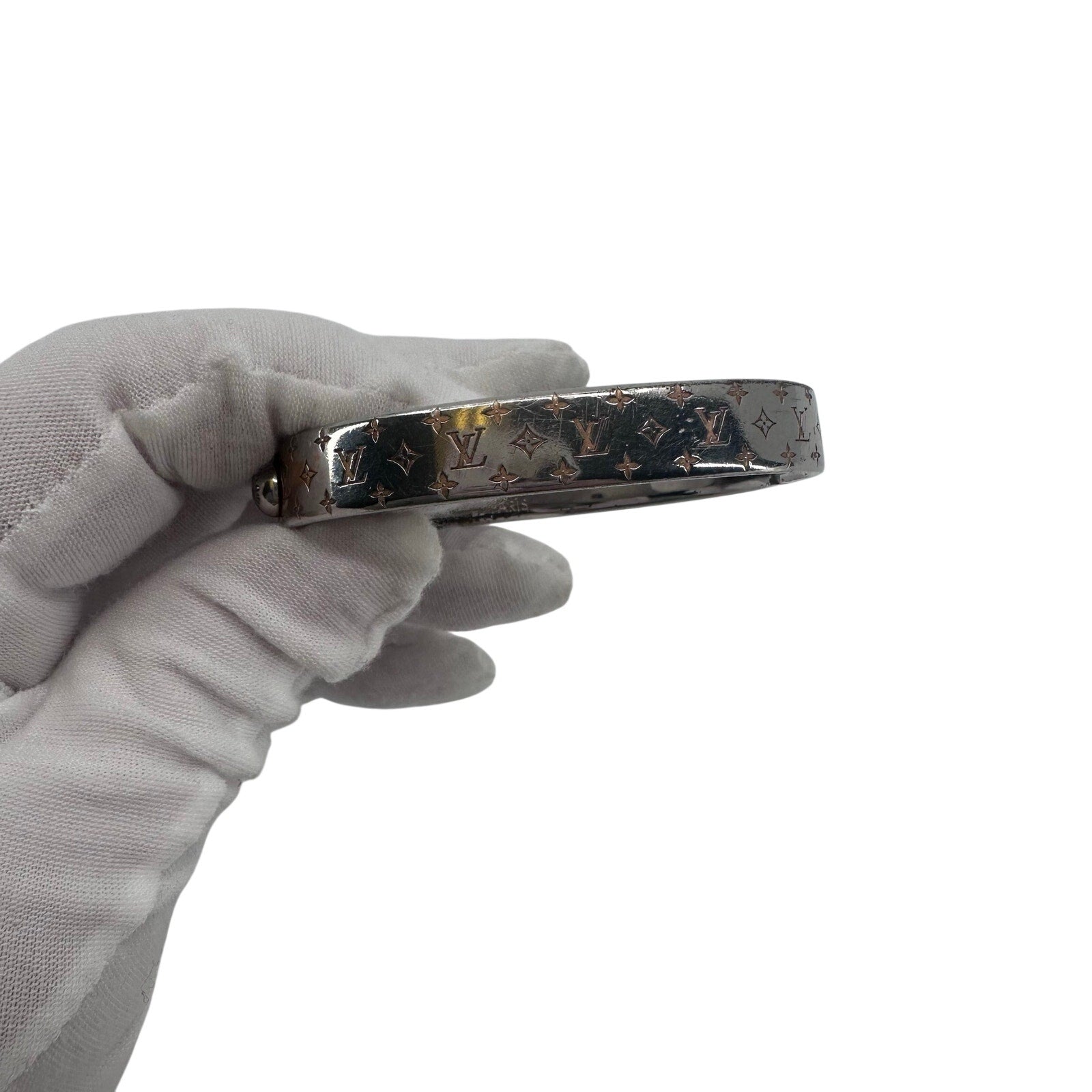 Louis Vuitton LV Nanogram Cuff Bangle Bracelet Silver Monogram Small
