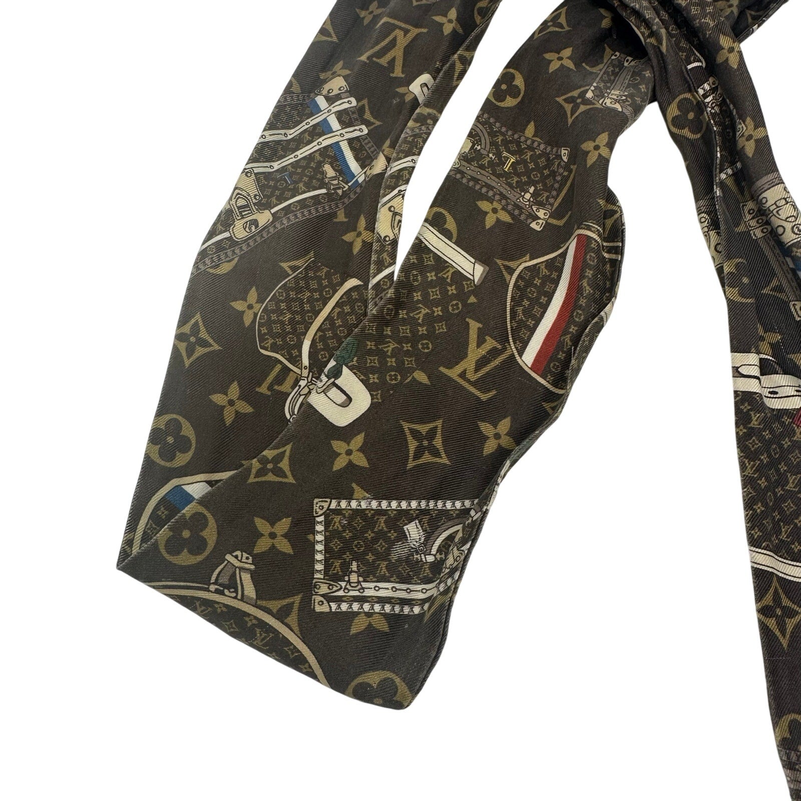 Louis Vuitton LV Silk Scarf Monogram Brown Trunk Twilly