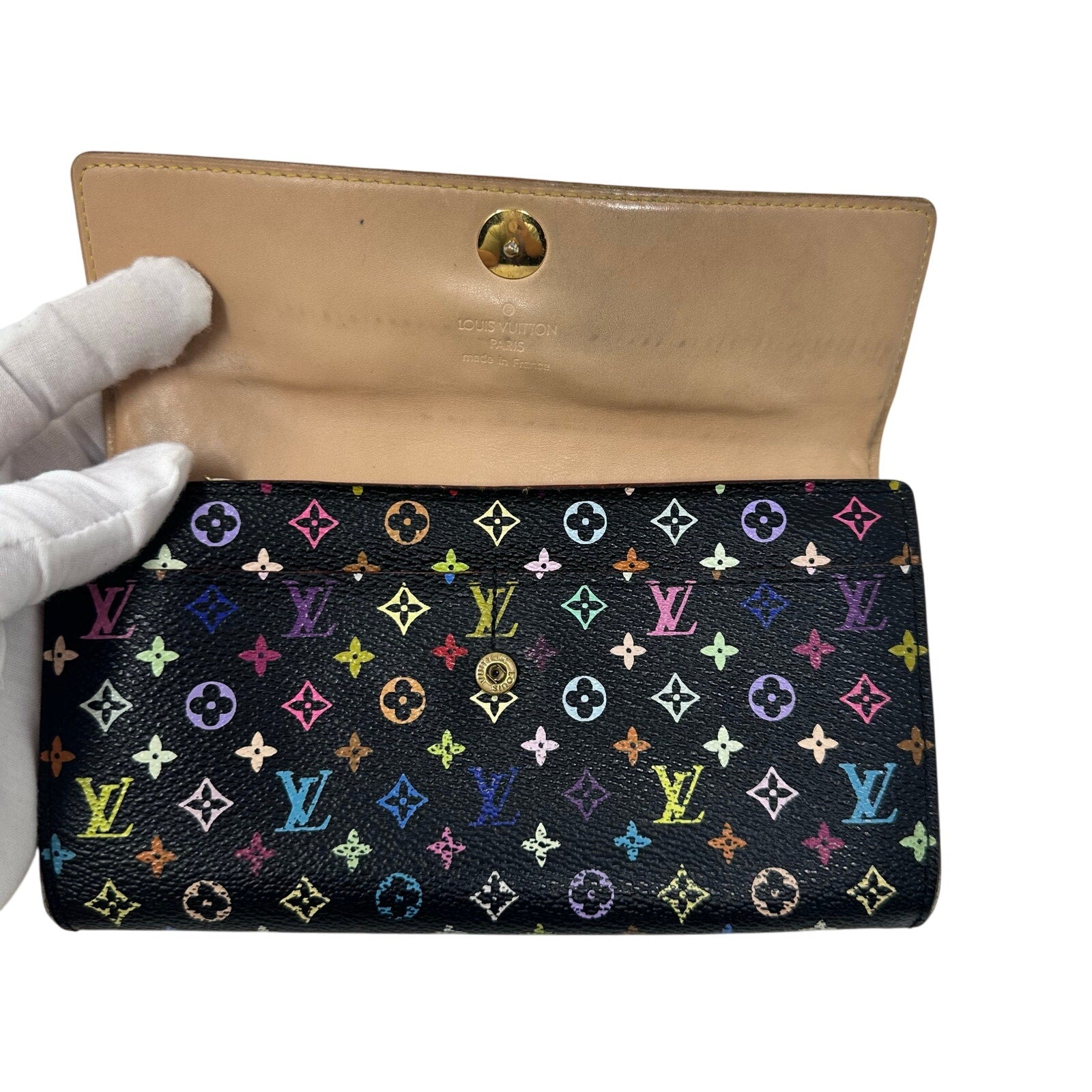 Louis Vuitton LV Black Murakami Multicolor Monogram Long Sarah Wallet Beige Interior