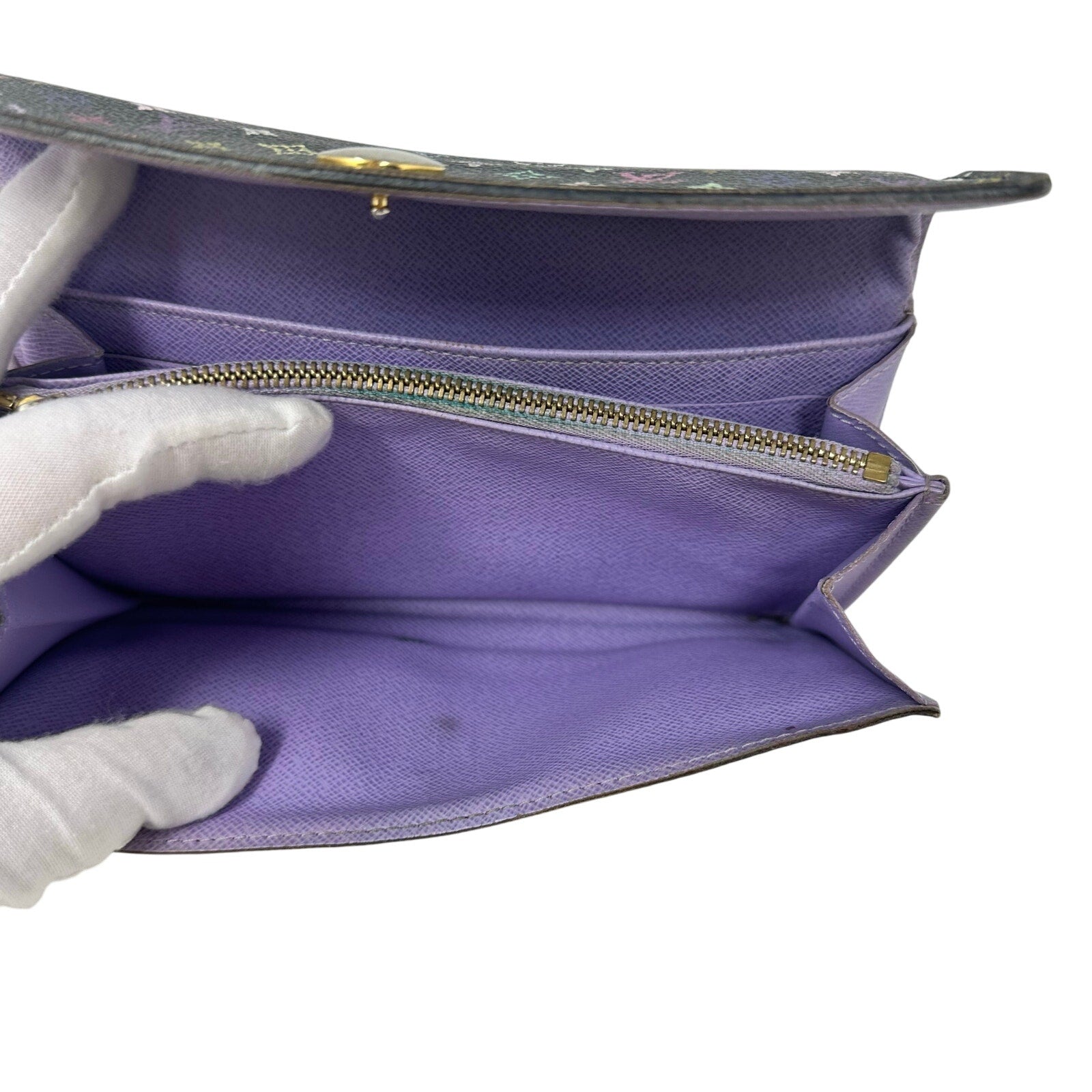 Louis Vuitton LV Black Murakami Multicolor Monogram Long Sarah Wallet Purple Interior