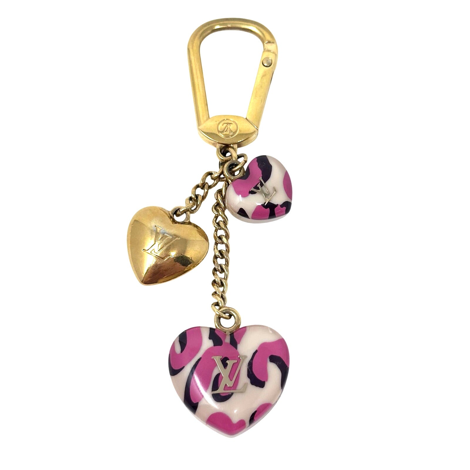 Louis Vuitton LV Porte Cles Bag Charm Key Chain Leopard Resin Hearts Pink & White