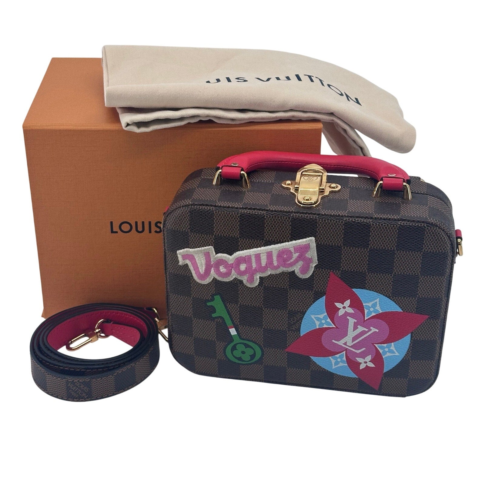 Louis Vuitton LV Damier Ebene Stories Box Trunk Crossbody Bag With Patches Full Set